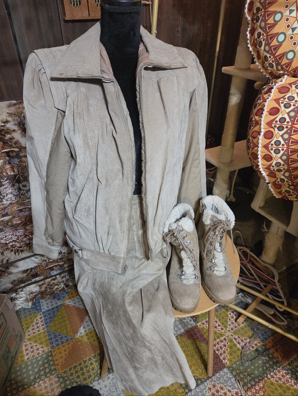 Beige Women's Suede Bomber Jacket And Skirt Set
